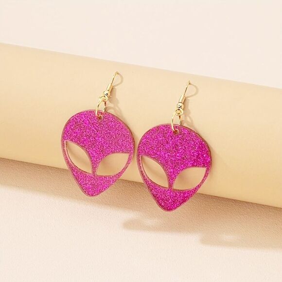 Pink Sparkly Alien‎ Acrylic Earrings - Picture 1 of 7